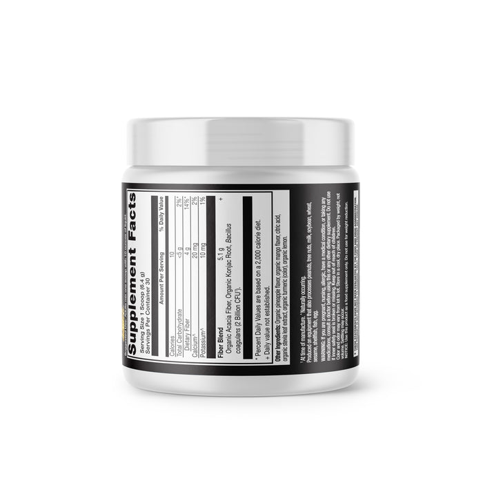 A white jar labeled with nutritional info for Ancient Nutritions Organic Fiber Powder, featuring ingredients like konjac root and acacia fiber, stands against a plain white backdrop.
