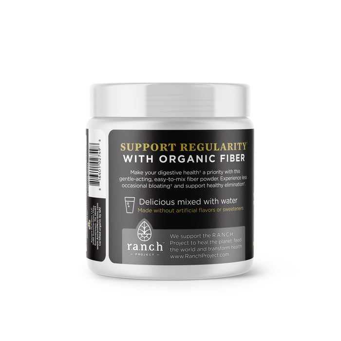 A white container with a black label reads: Support Regularity with Organic Fiber. It features easy-to-mix acacia fiber made without artificial flavors or sweeteners. The r.a.n.c.h Project is mentioned on the label. Product: Organic Fiber Powder by Ancient Nutrition.