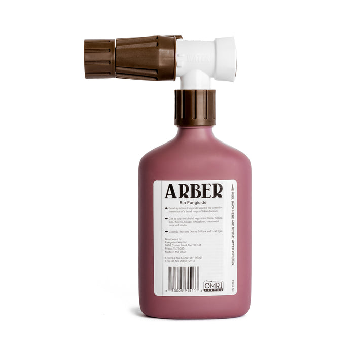 The maroon bottle of Arber Organic Fungicide for Roses and Flowers, RTS comes with a beige and white label and a brown and white spray nozzle. Its ideal for managing powdery mildew in your garden.