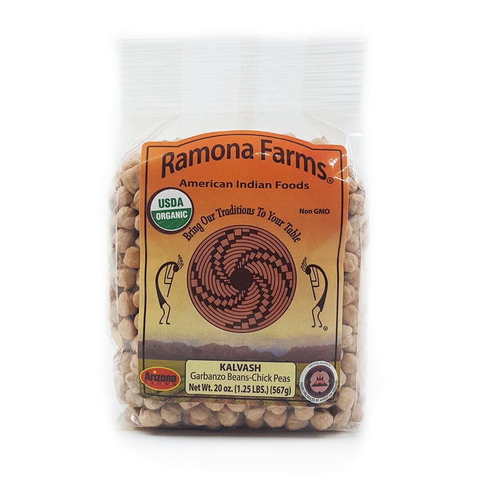 From Ramona Farms near Sacaton, AZ, on the Gila River Indian Reservation. These are organic, Non-GMO Kalvash (garbanzo beans/chickpeas). Delicious in soups and stews or perfect for making your own hummus.  Ramona Farms is a Native American owned and operated company.