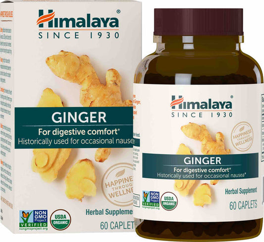 The image shows a Himalaya Organic Ginger bottle and box, a herbal supplement known for digestive support and occasional nausea relief. The packaging highlights its non-GMO, USDA Organic status, and U.S. Hemp Authority certification.