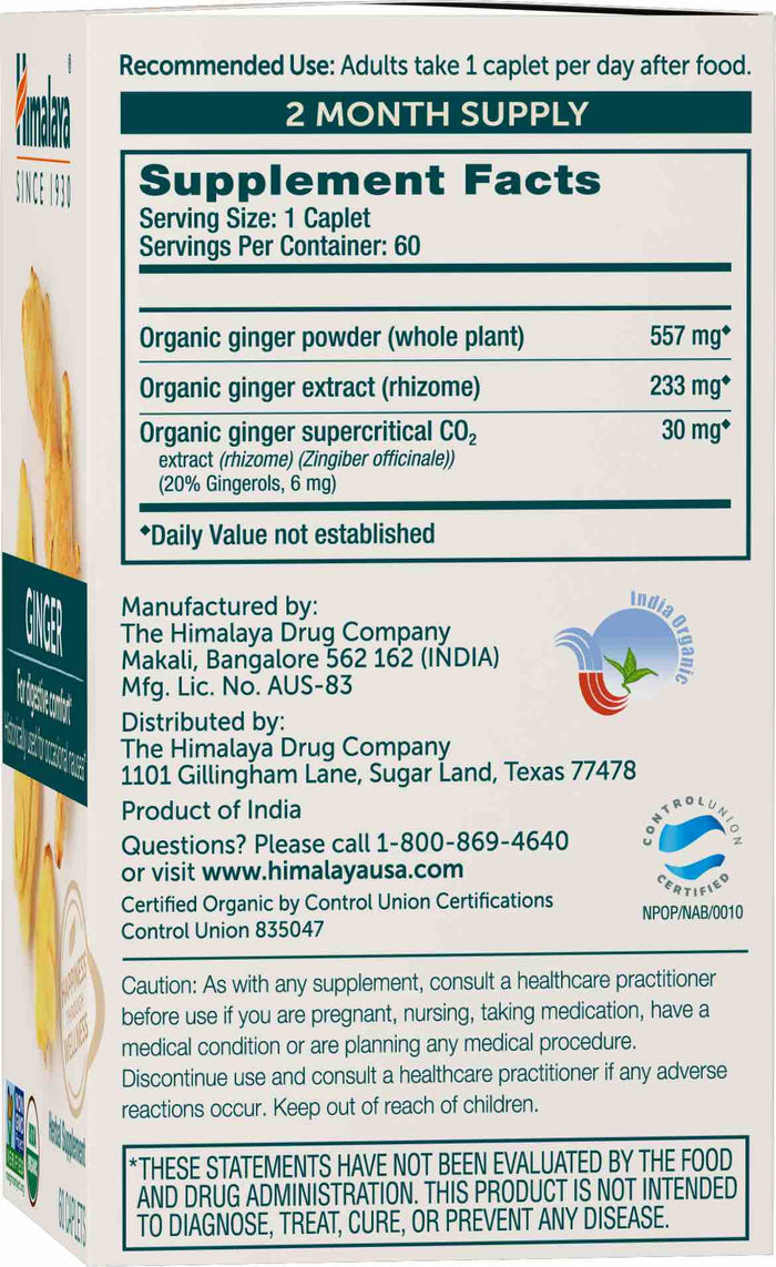The image displays a supplement facts label for Himalayas Organic Ginger, offering a 2-month supply. It includes ingredient quantities, usage instructions, contact details, and warns of possible allergies. It highlights benefits for digestive support and nausea relief.