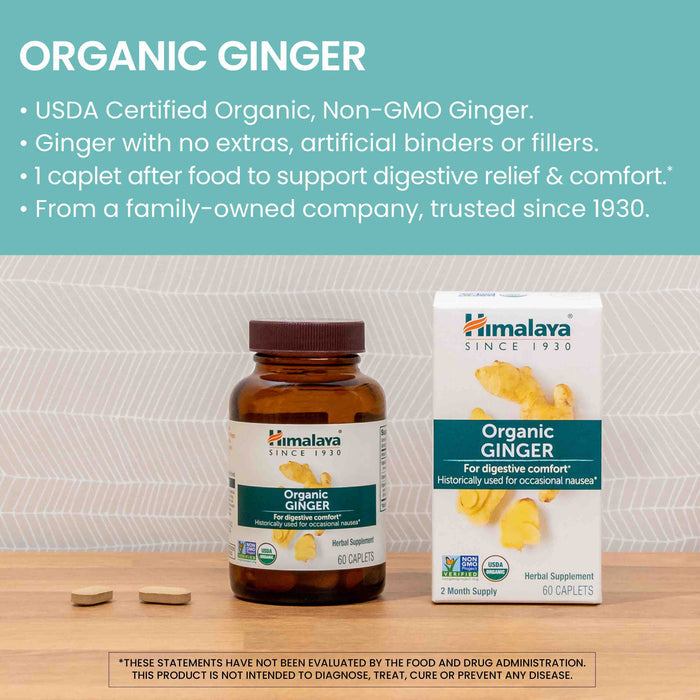 Image of a bottle and box of Himalaya Organic Ginger caplets. Text highlights benefits and features like USDA certified organic, non-GMO, aiding digestive comfort, and family-owned since 1930. The box and bottle are placed on a wooden surface.