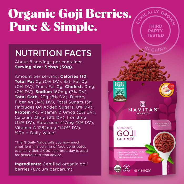 Image of a Navitas Organics Goji Berries product. The packaging is purple and features an image of the berries. Text highlights include "Organic Goji Berries. Pure &amp; Simple." and nutritional facts showing calories, sugars, proteins, and vitamins.