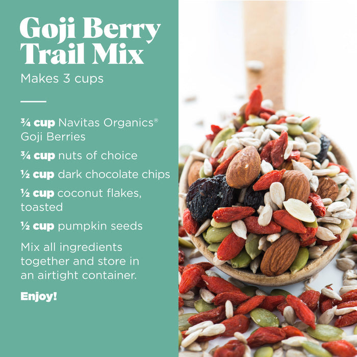 A recipe card titled "Goji Berry Trail Mix" lists ingredients: goji berries, nuts, dark chocolate chips, coconut flakes, and pumpkin seeds. There's a wooden spoon filled with the mix. Instructions say to mix and store in an airtight container.