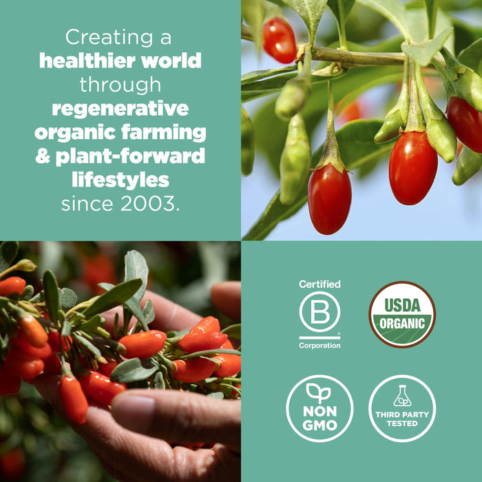 Collage with text and images: "Creating a healthier world through regenerative organic farming &amp; plant-forward lifestyles since 2003." Images show goji berries, certification logos for B Corporation, USDA Organic, Non-GMO, and Third Party Tested.