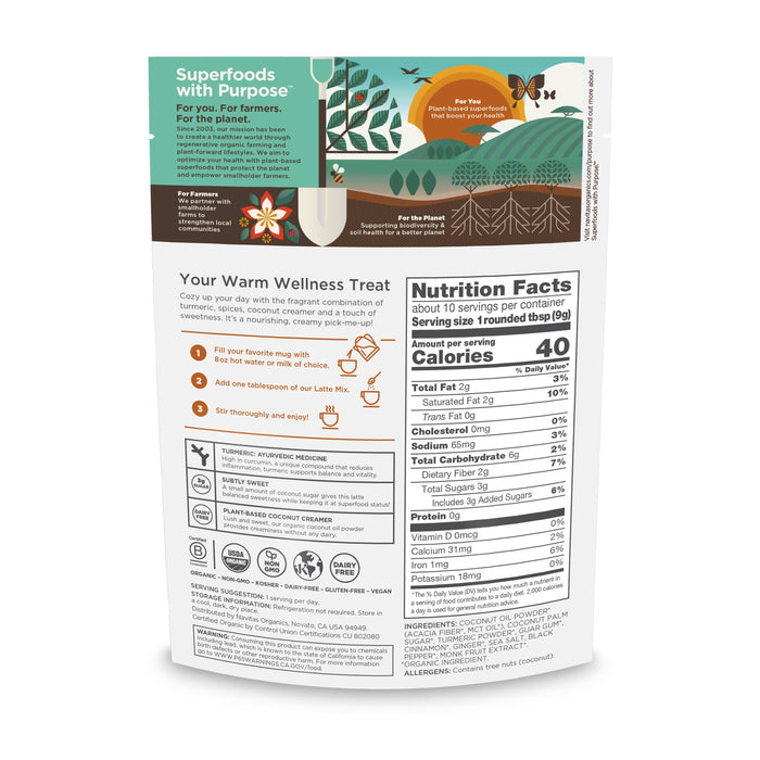 The back of Navitas Organics Organic Golden Latte package, topped with a green label Superfoods with Purpose, displays nutrition facts and prep instructions. With a butterfly and leaf design, it emphasizes benefits for farmers and the planet. Includes organic turmeric in its Turmeric Latte Mix.
