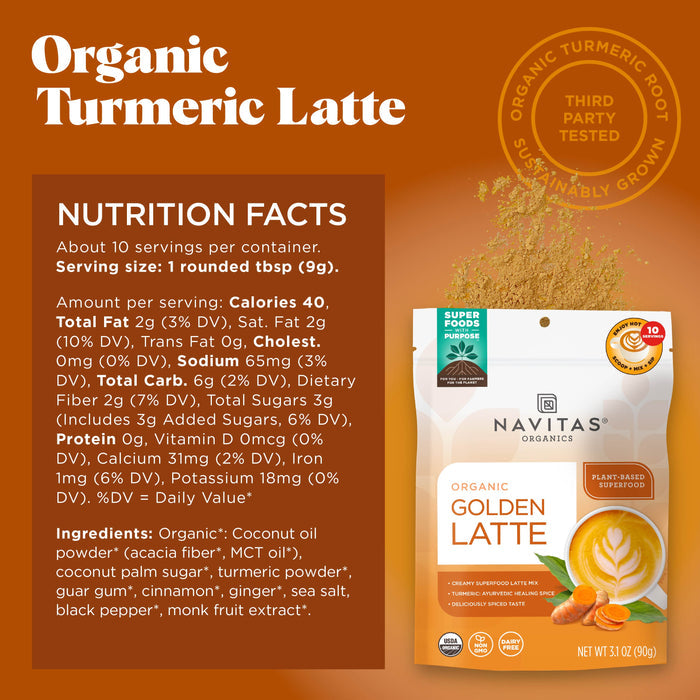 The image features a package of Navitas Organics Golden Latte mix. It includes nutrition facts and highlights ingredients like turmeric and coconut oil powder. The text emphasizes that the product is plant-based and sustainably grown.