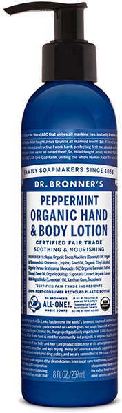 A blue 8 fl oz (237 ml) bottle of Dr. Bronners Organic Lotion features a black pump, is cruelty-free and certified fair trade, and promotes its soothing and moisturizing benefits.