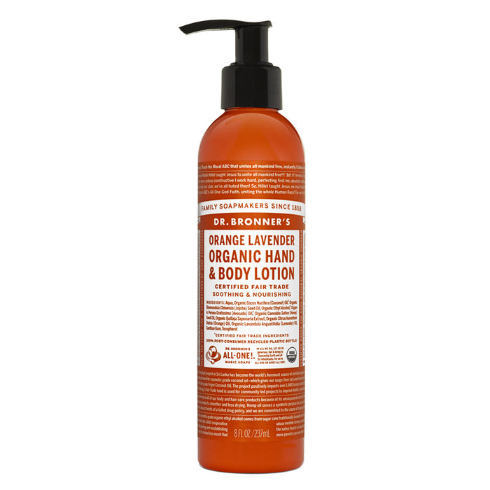 An 8 fl oz orange bottle of Dr. Bronners Organic Lotion with a pump dispenser, featuring soothing and moisturizing properties. Its cruelty-free, certified fair trade, and ideal for hands and body.