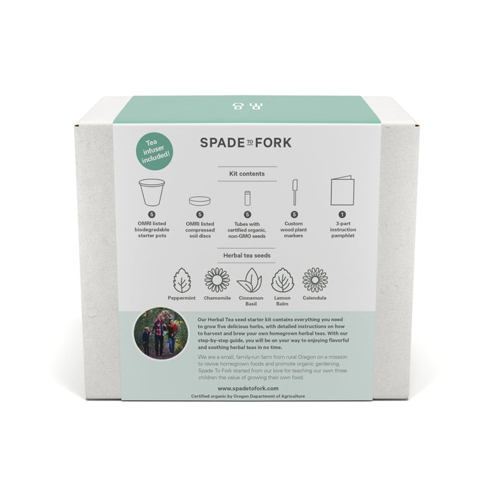 A box labeled Spade to Fork displays the Organic Herbal Tea Kit, featuring pots, seed soil disks, tags, markers, and organic seeds for peppermint, chamomile, and lavender. The green label includes a small family image at the bottom.