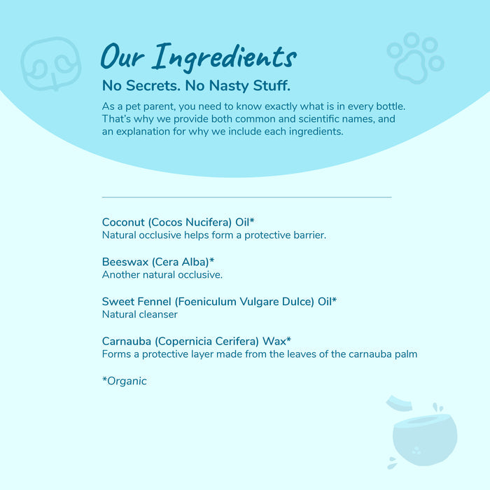 A light blue infographic by kin+kind highlights ingredients like coconut oil, beeswax, sweet fennel oil, and carnauba wax in their vet-tested Organic Hot Spot Relief Stick for Dogs & Cats. Perfect for soothing irritated skin, it features adorable pet-themed icons.
