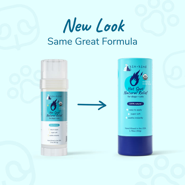Two pet skincare containers are on a paw print blue background. The old design is on the left, and the new Organic Hot Spot Relief Stick for Dogs & Cats by kin+kind is on the right, with an arrow showing vet-tested relief progression from past to present for irritated skin.