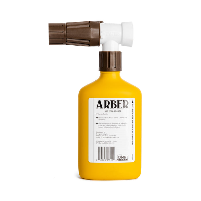 A yellow Arber Organic Insecticide for Lawn, Tree, and Shrub, RTS bottle with a brown and white spray nozzle offers a chemical-free solution to tackle lawn pests. The label provides detailed product and manufacturer information.