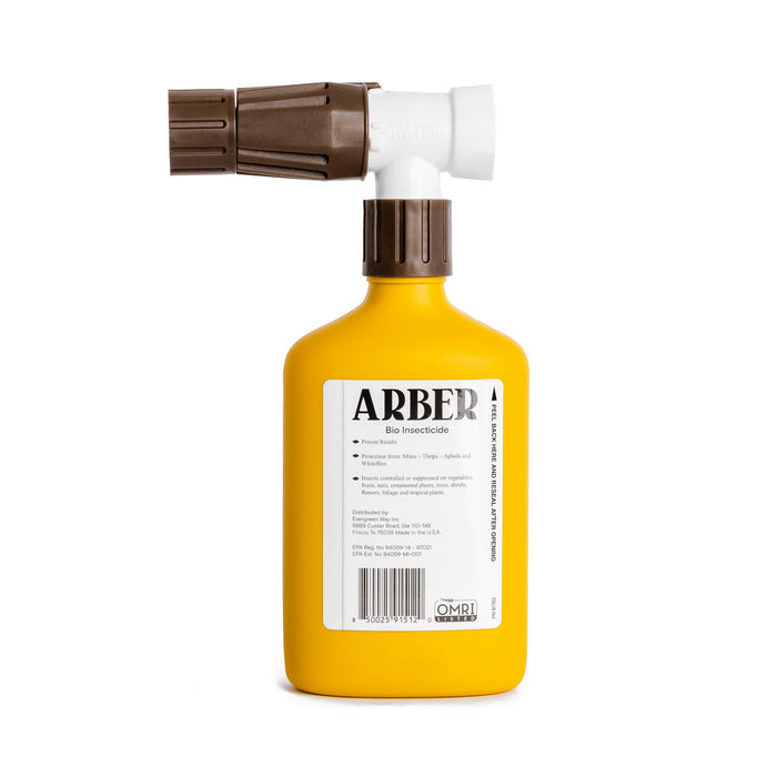 A yellow bottle of Arber Organic Insecticide for Tomato Fruit & Vegetables RTS with a brown and white spray nozzle features an OMRI-certified label, perfect for vegetable garden pest control, set against a white background.