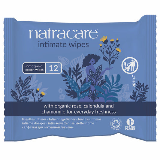 The Natracare Organic Intimate Wipes feature blue packaging with a floral design. Labeled soft organic cotton wipes 12, they showcase organic rose, calendula, and chamomile. Recycling icons and multilingual labels make them ideal for eco-friendly personal care enthusiasts.