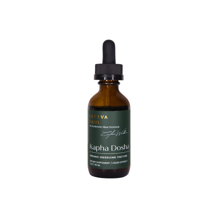 A brown glass dropper bottle labeled Organic Kapha Tincture - Energizing by Sattva Soul with green and gold accents highlights this dietary supplements liquid extract from energizing Ayurvedic herbs.