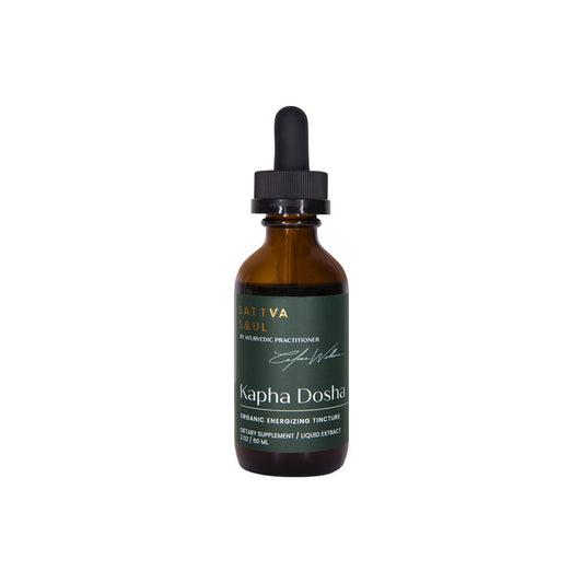 A brown glass dropper bottle labeled Organic Kapha Tincture - Energizing by Sattva Soul with green and gold accents highlights this dietary supplements liquid extract from energizing Ayurvedic herbs.