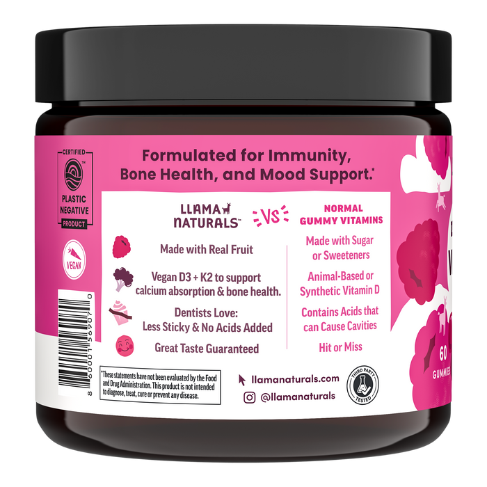 A jar of Llama Naturals Organic Kids & Adults Vitamin D3 + K2 Gummies with a label highlighting real fruit, vegan, no added sugar, dentist-approved benefits—supports immunity and bone health with plant-based vitamin D for optimal wellness.