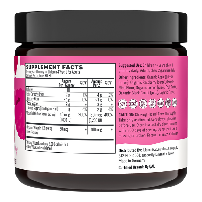 A black jar with a pink label shows supplement facts for Llama Naturals Organic Kids & Adults Vitamin D3 + K2 Gummies, listing ingredients, suggested use, caution, allergen info, distributor contact, and certifications.