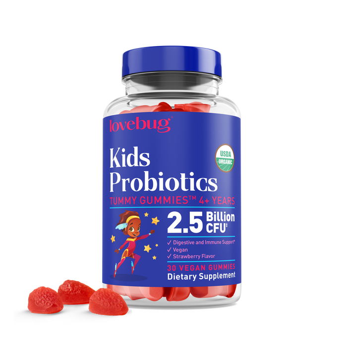 Introducing Lovebugs Organic Kids Probiotic Gummies for ages 4+, featuring a blue label with a cartoon superhero. Enjoy 30 USDA organic, strawberry-flavored gummies, each supporting digestive health and immune function with 2.5 billion CFU.