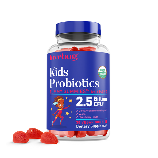 Introducing Lovebugs Organic Kids Probiotic Gummies for ages 4+, featuring a blue label with a cartoon superhero. Enjoy 30 USDA organic, strawberry-flavored gummies, each supporting digestive health and immune function with 2.5 billion CFU.