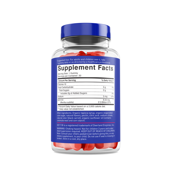 A clear bottle with a blue cap contains Lovebug Organic Kids Probiotic Gummies, featuring red gummies inside. The label shows Supplement Facts and highlights benefits for digestive health and immune function. Instructions are in white text on a blue background.