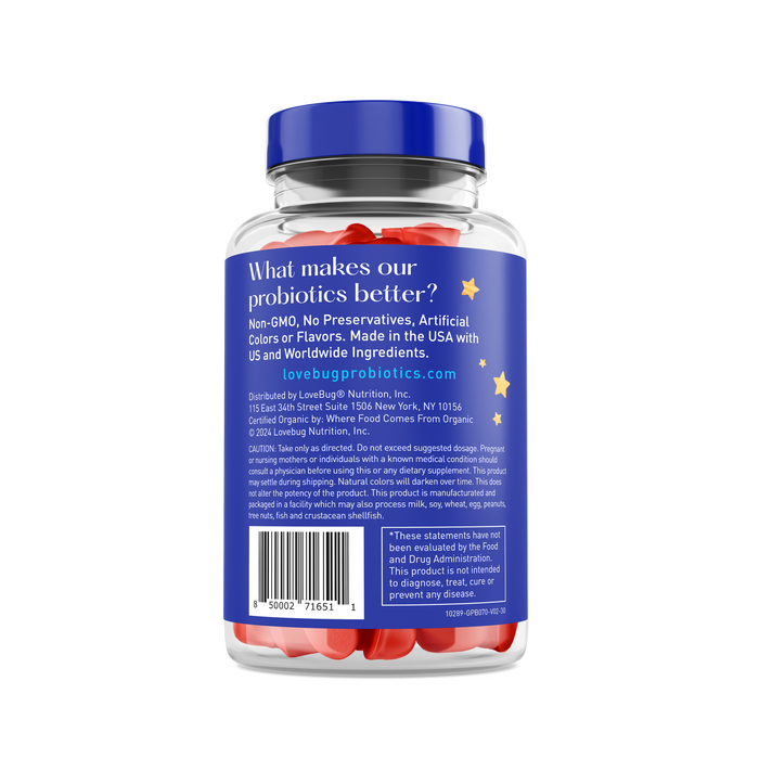 A bottle of Lovebugs Organic Kids Probiotic Gummies, with a blue cap and red capsules to support digestive health. The label highlights Non-GMO, No Preservatives, Made in the USA with stars, features a website URL and has a distribution address and barcode on the back.