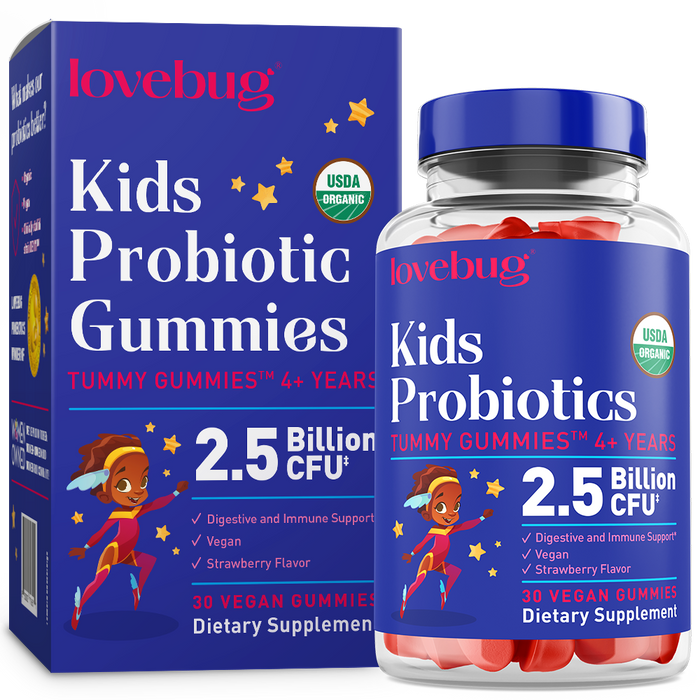 Lovebug Organic Kids Probiotic Gummies come in a blue box and bottle with USDA Organic certification for kids 4+. Featuring a superhero kid illustration, these strawberry gummies provide 2.5 billion CFU to support digestive health and immunity.