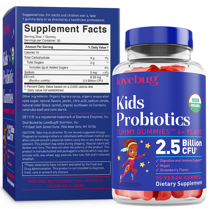 A jar of Lovebugs Organic Kids Probiotic Gummies for ages 4+. The blue, red, and white packaging features a cartoon superhero and promotes its USDA organic certification, 2.5 billion CFU, and absence of artificial additives to aid digestive health.