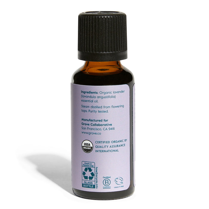 Grove Co.s Organic Lavender Essential Oil features a brown bottle with a lavender label. Its perfect for aromatherapy, certified USDA Organic and cruelty-free, and produced by Grove Collaborative in San Francisco, CA.