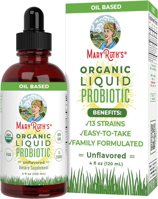 The image shows a box and bottle of MaryRuths Organic Liquid Probiotics, highlighting its USDA Certified organic, unflavored, vegan formula with 13 strains for gut health. The oil-based product is easy-to-take and family-formulated, each bottle containing 4 fl oz (120 mL).