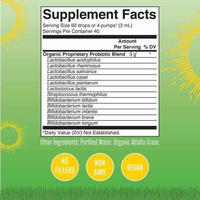 An image displays a supplement facts label for MaryRuths Organic Liquid Probiotics, a USDA Certified Organic blend. It features Lactobacillus and Bifidobacterium strains totaling 3 grams, with icons indicating No Fillers, Non GMO, Vegan. Ingredients include purified water and organic alfalfa grass for optimal gut health.