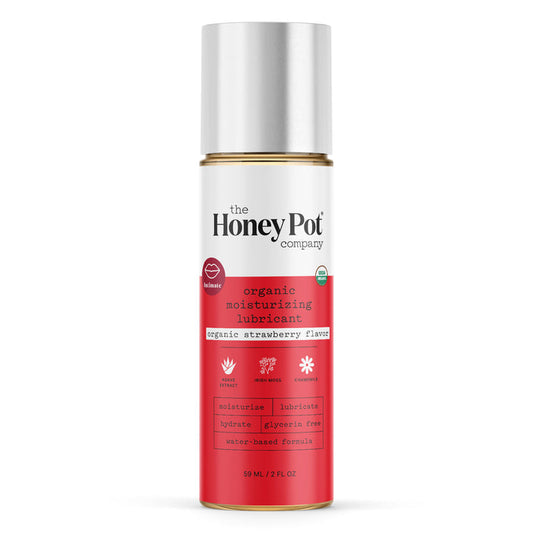 A 59 ml bottle of The Honeypot Companys Organic Lubricant features sweet agave extract and organic strawberry flavor. Its a hydrating, cruelty-free, glycerin-free herbal lube in striking red packaging with a silver cap for an elegant touch.
