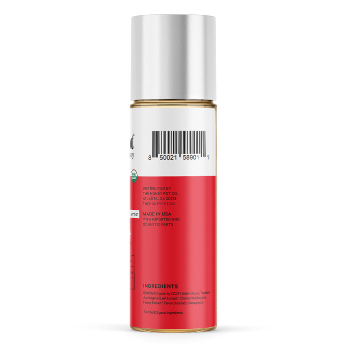 The Honeypot Companys Organic Lubricant is your go-to Herbal Lube, featuring a silver cap and red label. Made by The Honey Pot Co. in Atlanta, GA, it includes Agave Extract for trusted organic moisture and comes with a barcode and distributor details.