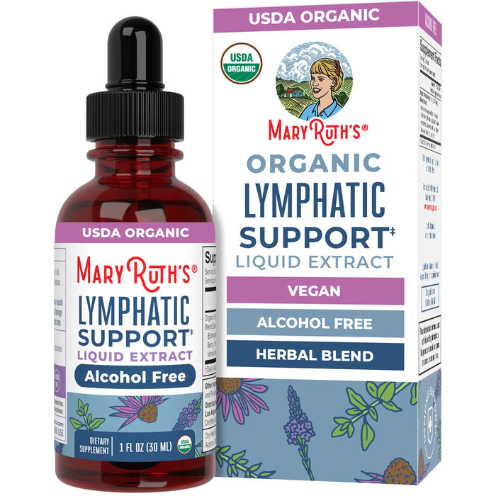 MaryRuth's Organic Lymphatic Support Herbal Blend Liquid Drops come in a floral-illustrated box. Alcohol-free, USDA organic, and vegan, these herbal drops support your lymphatic system with a gentle blend.