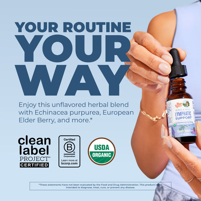 A hand holds a MaryRuth’s Organic Lymphatic Support Herbal Blend Liquid Drops bottle against a blue background with the text, “Your Routine, Your Way.” Certifications: Clean Label Project, Certified B Corp, USDA Organic.