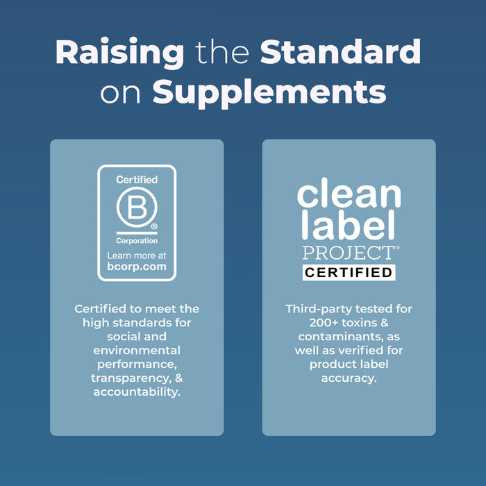 Infographic titled Raising the Standard on Supplements spotlights MaryRuth's Organic Lymphatic Support Herbal Blend Liquid Drops with B Corporation and Clean Label Project badges, each featuring a brief overview of certification standards.