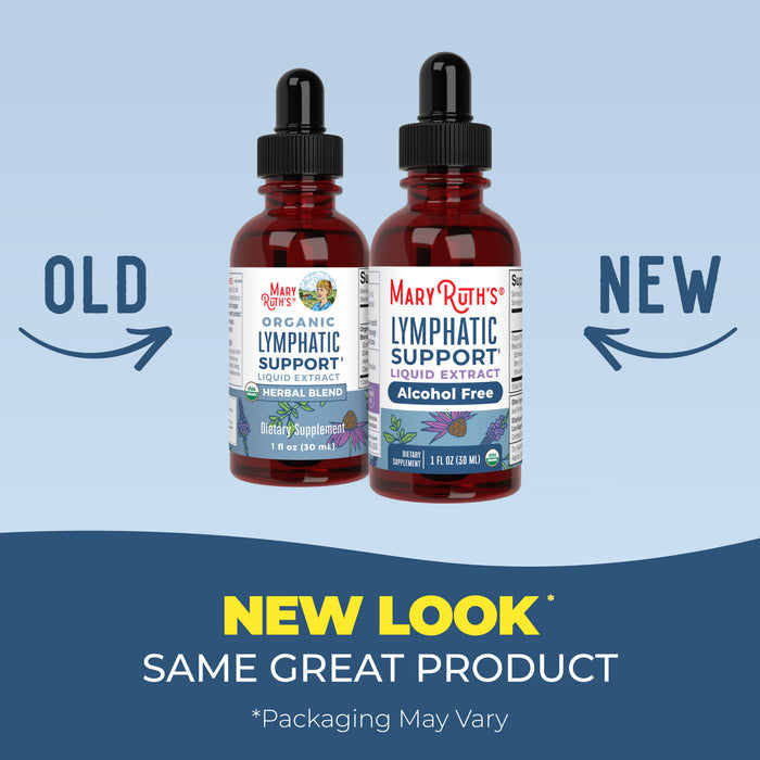 Two bottles of MaryRuth’s Organic Lymphatic Support Herbal Blend Liquid Drops are shown, labeled “old” and “new.” Text reads: “New look, same great product. *Packaging may vary.”.
