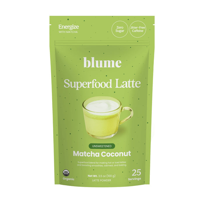 A green pouch of blume Organic Matcha Coconut Latte Powder, featuring a latte cup illustration. This unsweetened, zero sugar, antioxidant-rich moringa and matcha blend is organic and contains 25 servings.