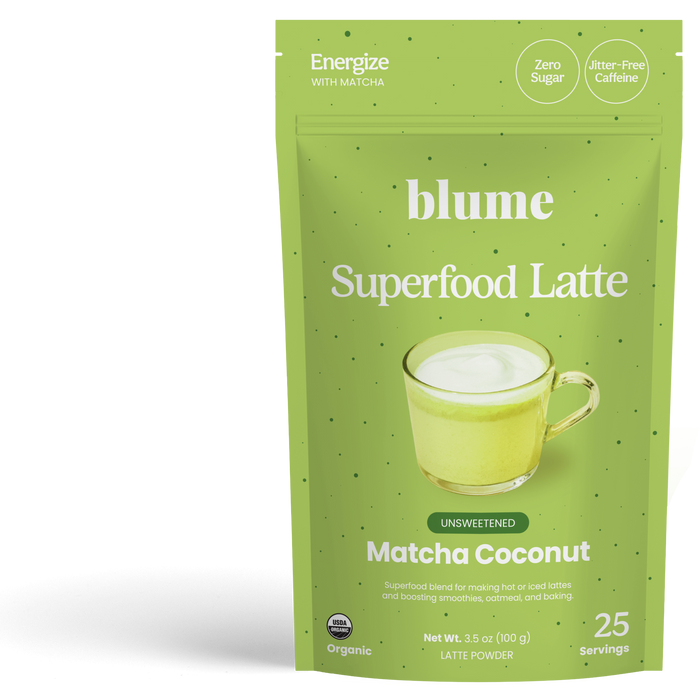 A green pouch of blume Organic Matcha Coconut Latte Powder, an antioxidant-rich superfood with “Zero Sugar,” “Jitter-Free Caffeine,” and 25 servings, shown alongside a glass mug of foamy green latte.