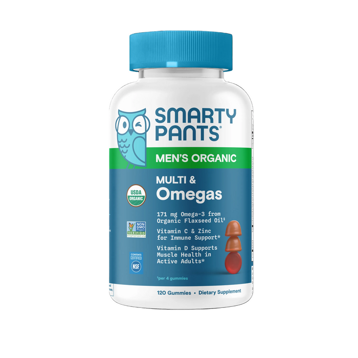 A white bottle with a blue cap and green accent displays SmartyPants Organic Men’s Multi & Omegas Gummies, highlighting key product details, vitamin benefits, and certification logos on the label.