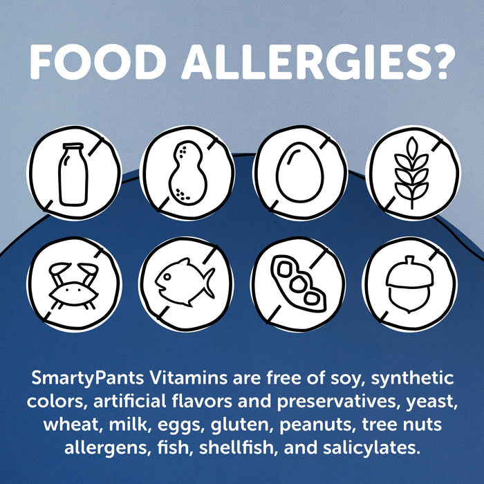 A sign asks, FOOD ALLERGIES? with icons for milk, peanuts, eggs, wheat, crabs, fish, soy, and tree nuts. It highlights that SmartyPants Organic Mens Multi & Omegas Vegetarian Gummies are free of various allergens and additives like soy, gluten, and shellfish.