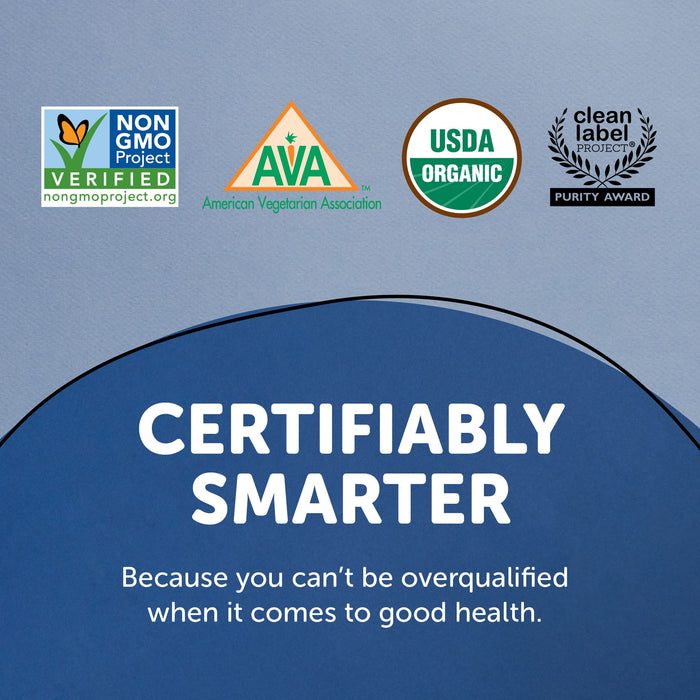The logos of Non-GMO Project Verified, American Vegetarian Association, USDA Organic, and Clean Label Project Purity Award are featured above the text: Organic Mens Multi & Omegas Gummies by SmartyPants - Certifiably Smarter for immune and good health.