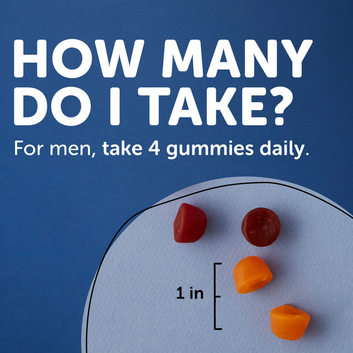 Text on image reads, How many do I take? For men, take 4 SmartyPants Organic Mens Multi & Omegas Gummies daily. The image displays three vegetarian gummies on a plate with a 1 in. measurement label.