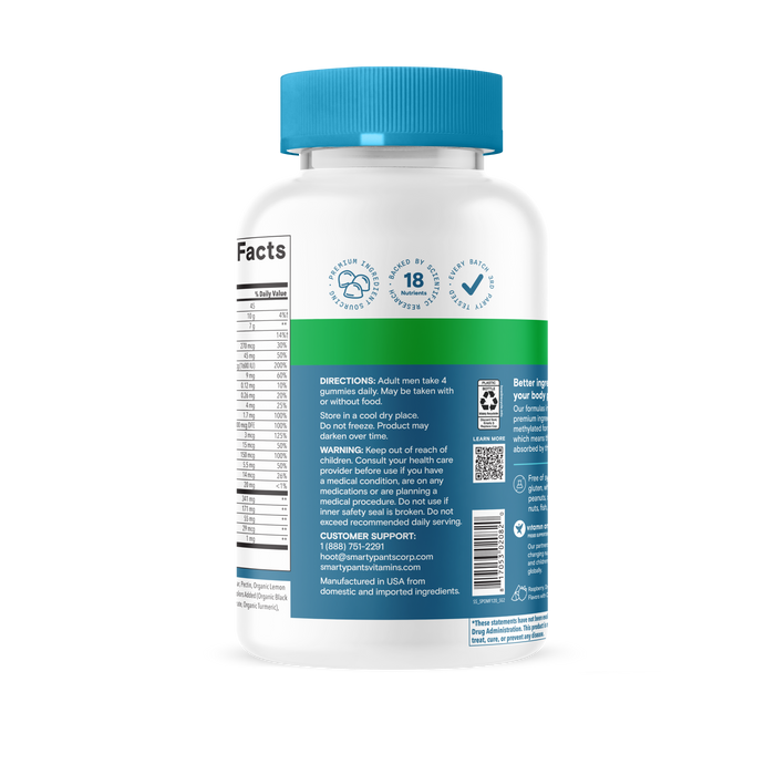 A white bottle with a blue cap displays supplement facts, directions, warnings, and contact information on the back label. Icons highlight recycling, that it is doctor-formulated, and features an 18-ingredient formula in SmartyPants Organic Men’s Multi & Omegas Gummies—organic vegetarian vitamins for men.