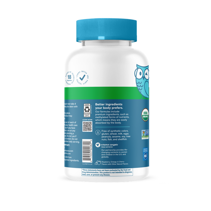 A bottle of SmartyPants Organic Men’s Multi & Omegas Gummies featuring a blue cap, white and green label, and an illustrated owl on the side. The label showcases highlights such as non-GMO, USDA organic certification, and absence of synthetic colors and preservatives—an ideal plant-based multivitamin option for men seeking premium quality.