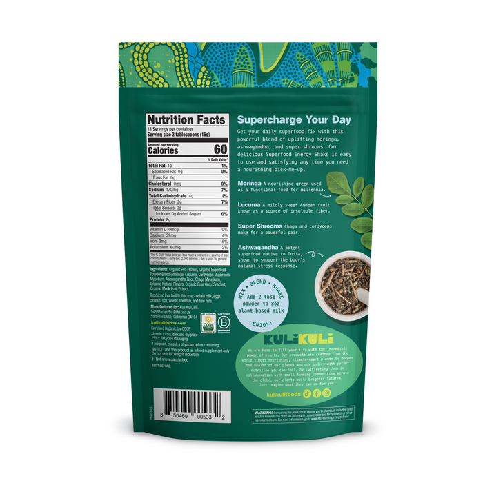 Back of a green Kuli Kuli Foods Organic Moringa Green Smoothie + Protein packet displaying nutrition facts, serving directions, description, ingredients, and moringa greens illustration with dried moringa powder—ideal for your superfood energy shake.