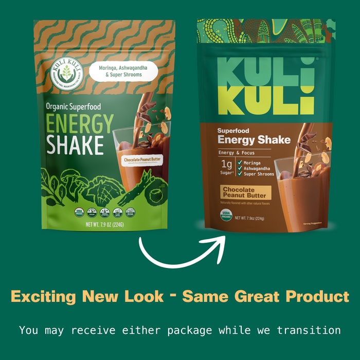 Two packages of Kuli Kuli Foods Organic Moringa Green Smoothie + Protein, one old and one new look. Exciting New Look—Same Great Product! During our transition, you may receive either package. Powered by plant protein and moringa greens!.
