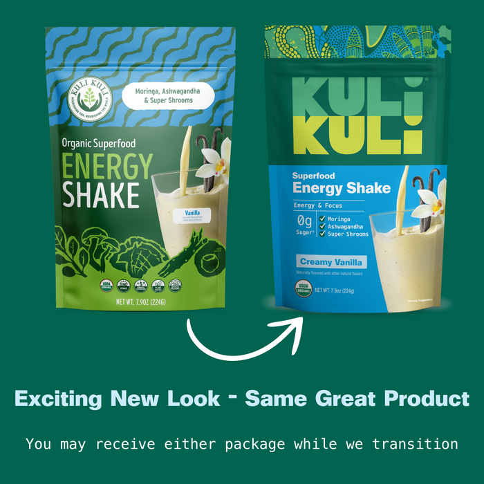 Two Kuli Kuli Foods Organic Moringa Green Smoothie + Protein packages, one old and one new, both creamy vanilla flavor with an arrow between them. Text: Exciting New Look – Same Great Product. You may receive either package while we update.